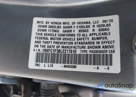 2020 Honda Civic Ex из США, поврежденный, VIN 19XFC1F38LE217610